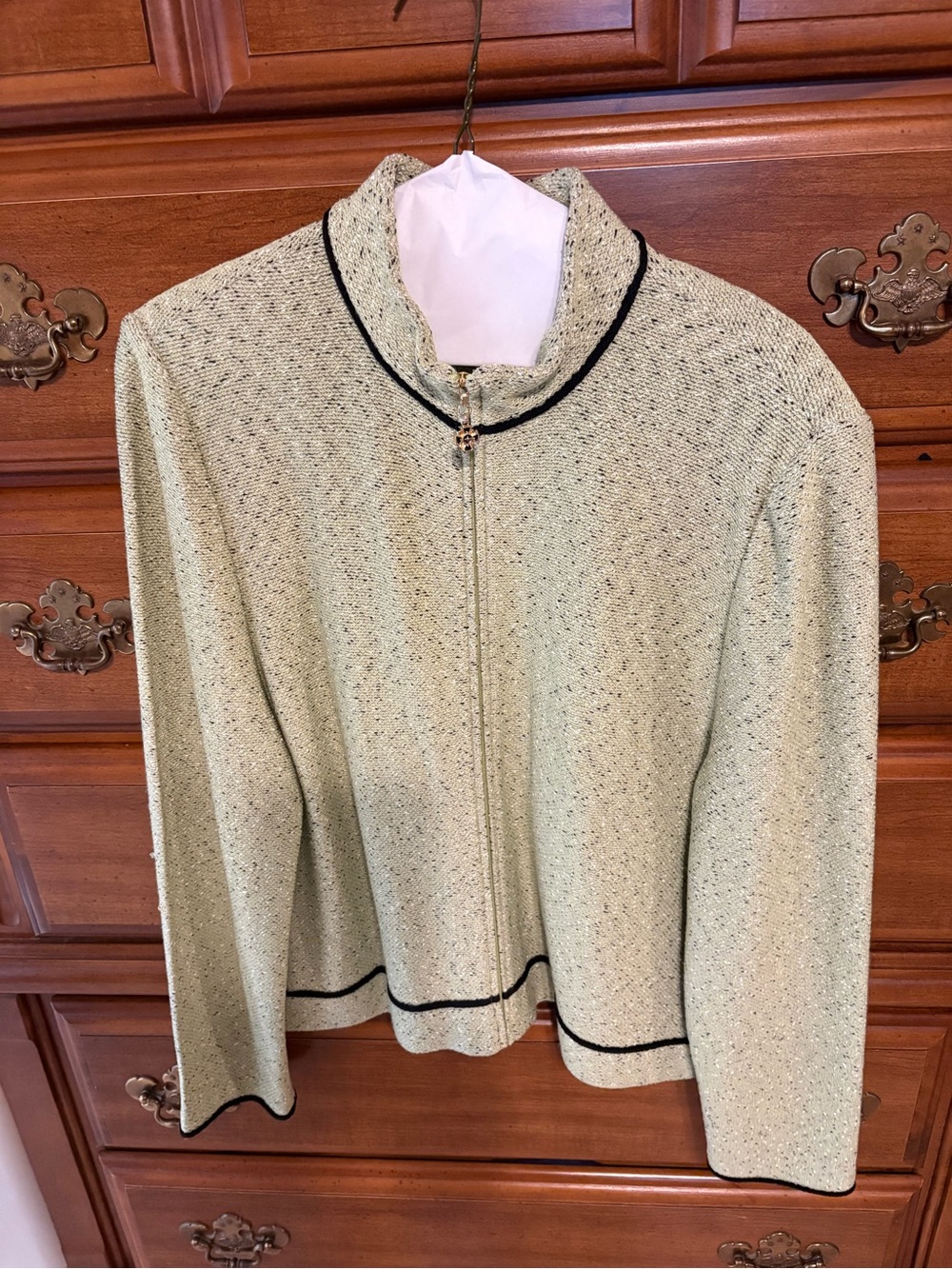 St. John Light Green Tweed Zip Jacket with Black Trim